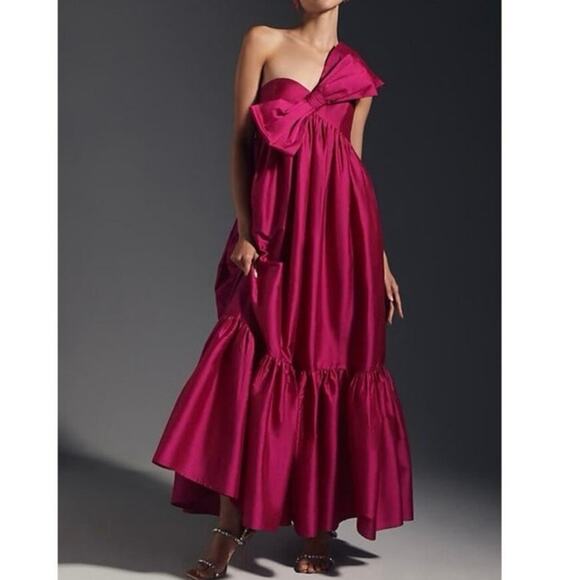 Anthropologie Dresses & Skirts - Anthropologie x Atsu Sally Bow Fuchsia Taffeta One Shoulder Midi Dress NWT XS